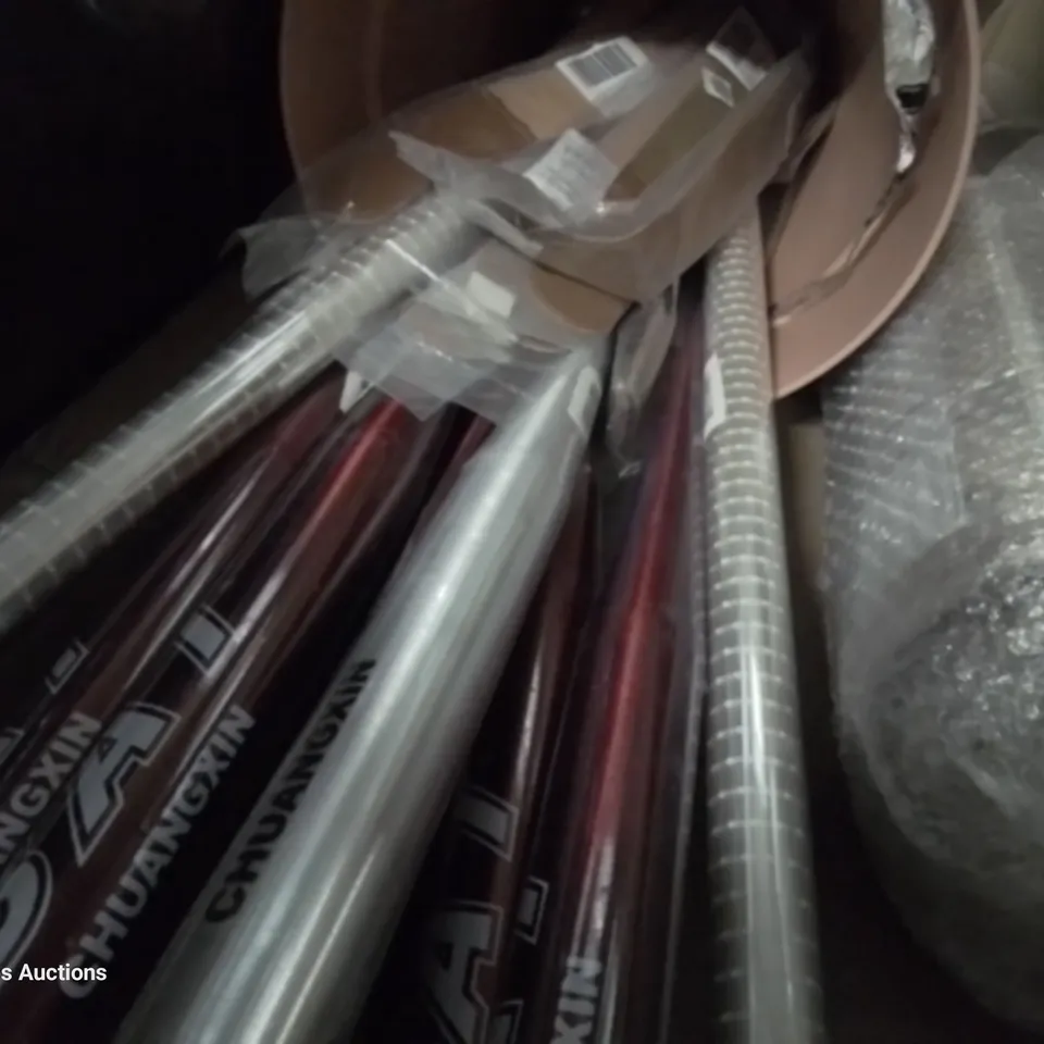 PALLET OF ASSORTED ITEMS TO INCLUDE, METAL BASEBALL BATS, CELLAPHANE ROLLS, BAMBOO BUTLERS TRAY, POND NET.