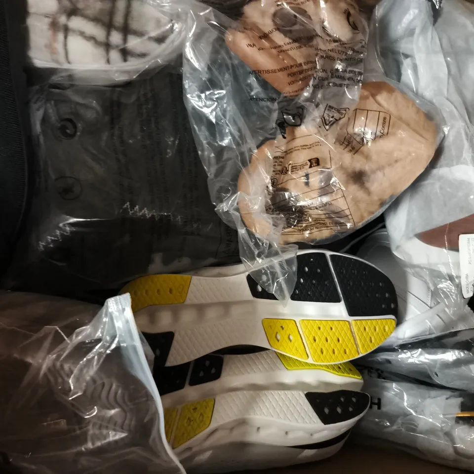 BOX OF APPROXIMATELY 20 ASSORTED PAIRS OF SHOES AND FOOTWEAR ITEMS IN VARIOUS COLOURS, STYLES, AND SIZES - COLLECTION ONLY