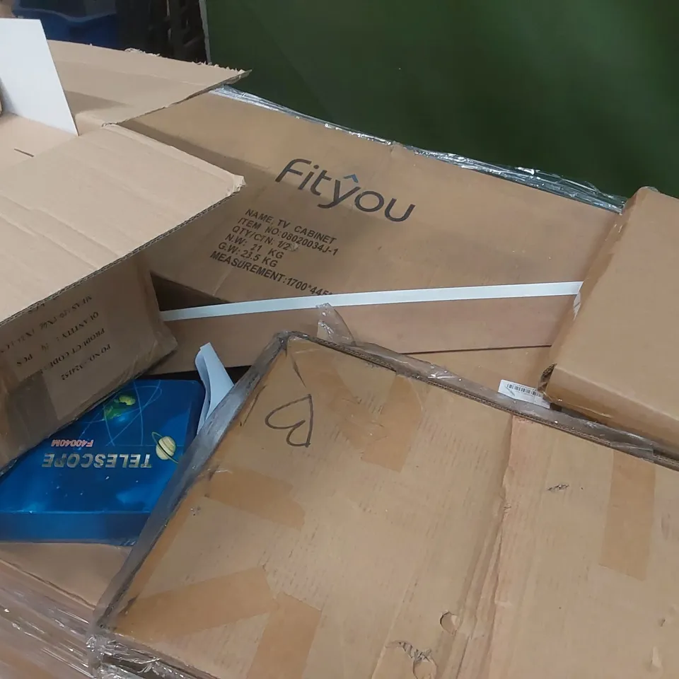 PALLET CONTAINING A LARGE QUANTITY OF FITYOU TV CABINET PARTS AND OTHER ASSORTED ITEMS INCLUDING TABLET CASES, TELESCOPE ECT