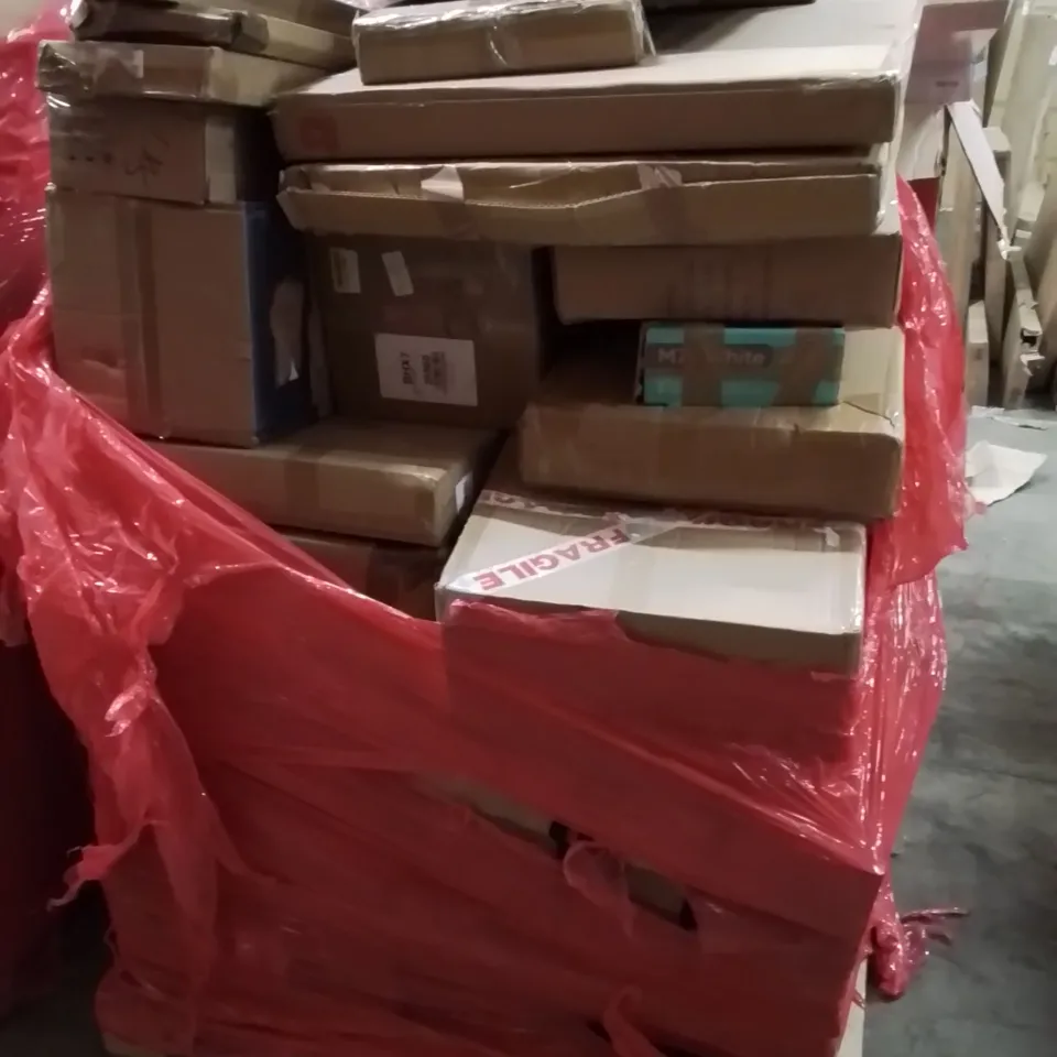 PALLET CONTAINING VARIOUS ASSORTED BOXED HOUSEHOLD ITEMS TO INCLUDE: HI-FI TURNTABLE SYSTEM, TV WALL BRACKETS, PRESSURE WASHER AND LOTS MORE UNMARKED BOXED ITEMS 