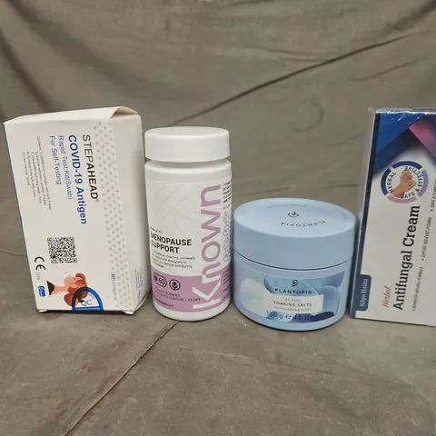 TOTE OF APPROXIMATELY 20 ASSORTED HEALTHCARE PRODUCTS TO INCLUDE COVID SELF TESTS - PLANTOPIA SOAKING SALTS AND MENOPAUSE SUPPORT SUPPLEMENTS