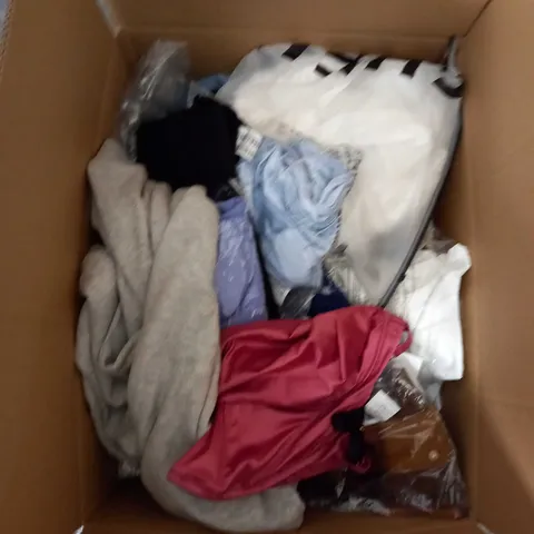 BOX OF ASSORTED CLOTHING ITEMS TOO INCLUDE DRESSES , SHIRTS AND TROUSERS IN VARIOUS SIZES AND COLOURS