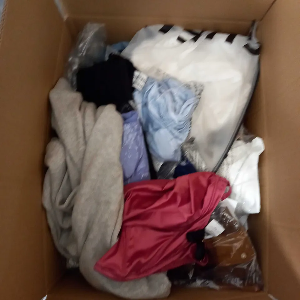  BOX OF ASSORTED CLOTHING ITEMS TOO INCLUDE DRESSES , SHIRTS AND TROUSERS IN VARIOUS SIZES AND COLOURS   