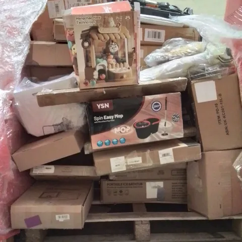 PALLET CONTAINING VARIOUS ASSORTED BOXED HOUSEHOLD ITEMS TO INCLUDE: SHEEP SHEERS, SPIN EASY MOP, SHOE BOXES, KIDS CLAW GRABBER TOY AND LOTS MORE UNMARKED BOXED ITEMS 