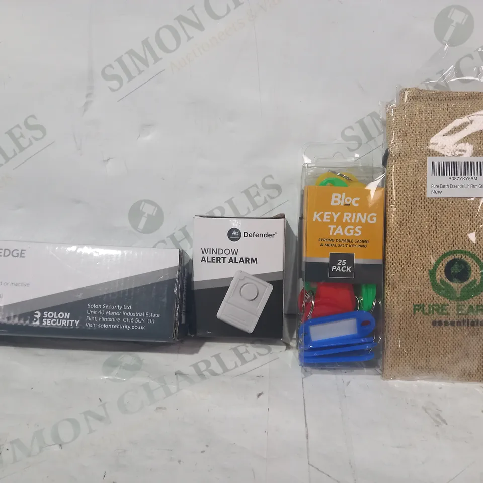 LOT OF APPROXIMATELY 15 ASSORTED HOUSEHOLD ITEMS TO INCLUDE BLOC KEYRING TAGS, DEFENDER WINDOW ALERT ALARM, ETC
