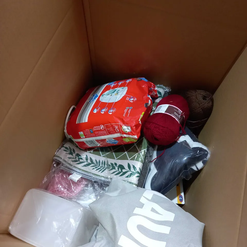 BOX OF APPROXIMATELY 10 ASSORTED PRODUCTS TO INCLUDE MAMIA NAPPYS, YARN, LAUNDRY BIN ETC