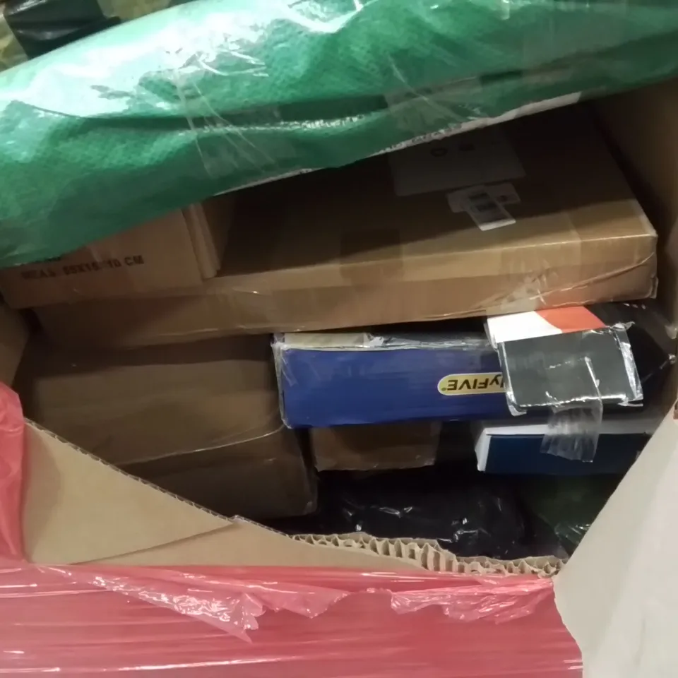 PALLET CONTAINING VARIOUS ASSORTED BOXED HOUSEHOLD ITEMS TO INCLUDE: LAWN LEVELING RAKE, MOSQUITO NET, AREA RUGS AND LOTS MORE UNMARKED BOXED ITEMS 