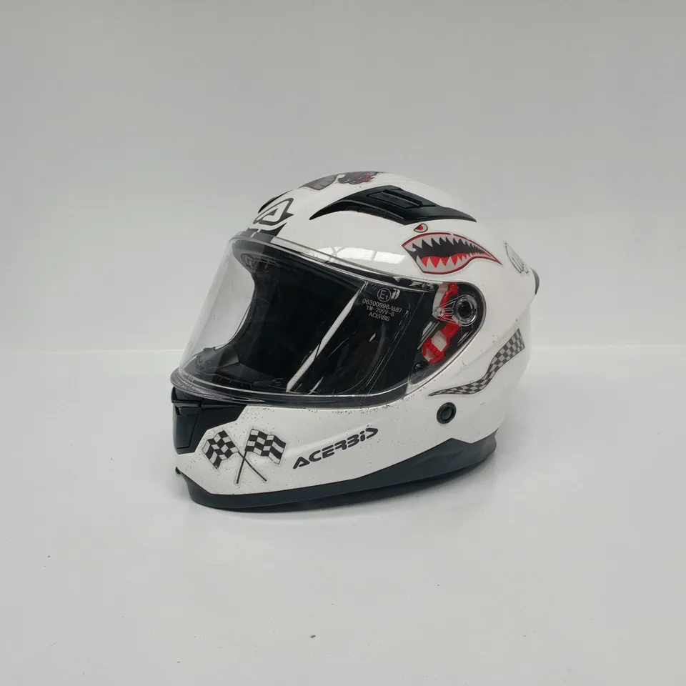 WHITE FULL-FACE MOTORCYCLE HELMET WITH NUMBER 73 AND RACING GRAPHICS SIZE YL (51-52CM)