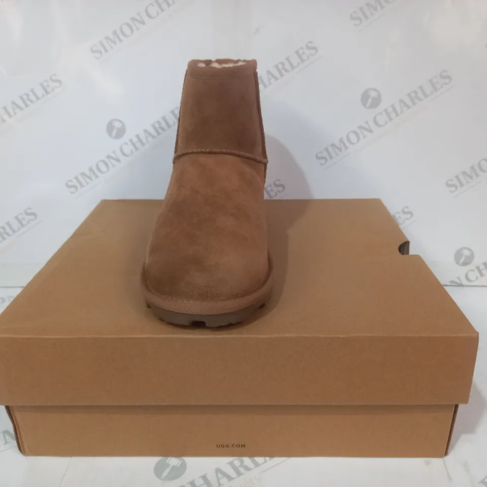 BOXED PAIR OF UGG ESSENTIAL MINI SHOES IN TAN UK SIZE 6