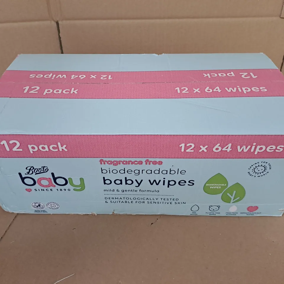 BOXED BOOTS BABY FRAGRANCE FREE BIODEGRADABLE BABY WIPES MILD AND GENTLE 12 X 64 WIPES