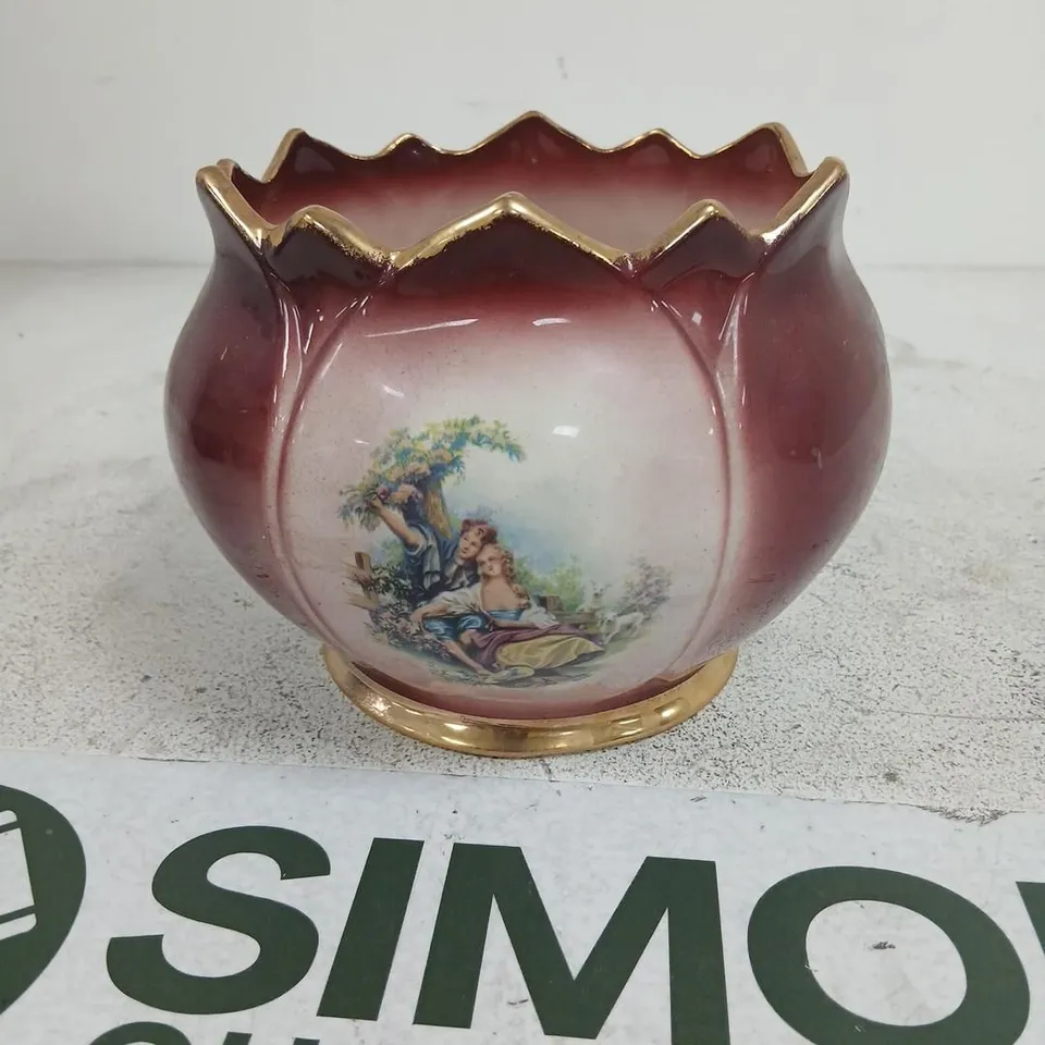 STAFFORDSHIRE EARTHENWARE POT WITH HAND-PAINTED PASTORAL SCENE, BURGUNDY GLAZE & GILT RIM (STAFFORDSHIRE, ENGLAND)