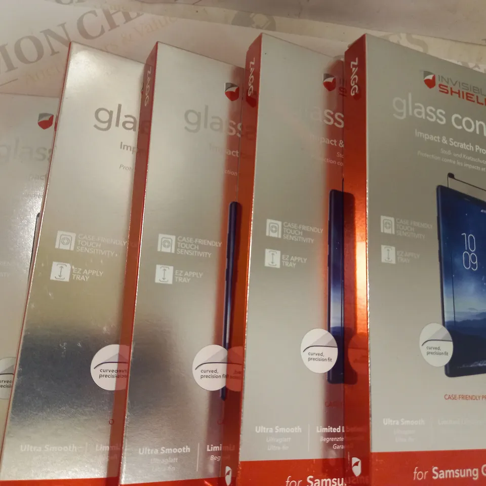 LOT OF APPROXIMATELY 5 ASSORTED INVISIBLE SHIELD GLASS CONTOUR IMPACT & SCRATCH PROTECTION FOR SAMSUNG GALAXY NOTE 8