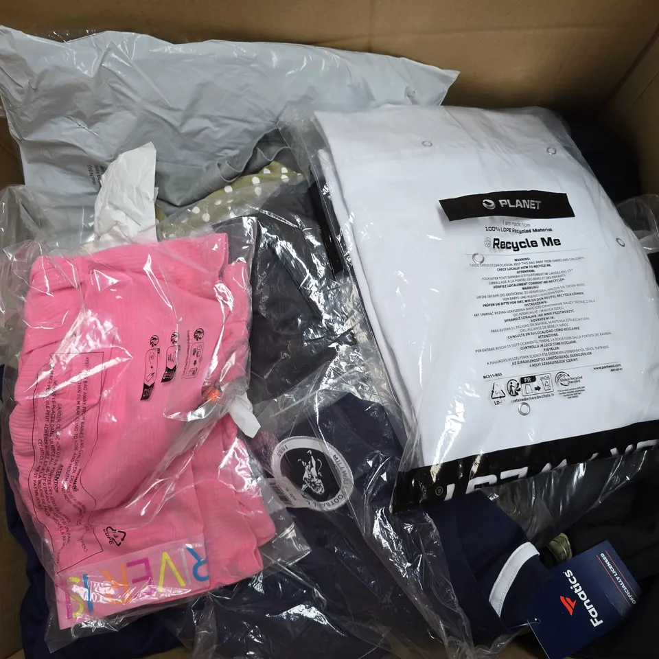 BOX OF 20 ASSORTED ITEMS OF CLOTHING IN DIFFERENT STYLES, COLOURS AND SIZES - COLLECTION ONLY 