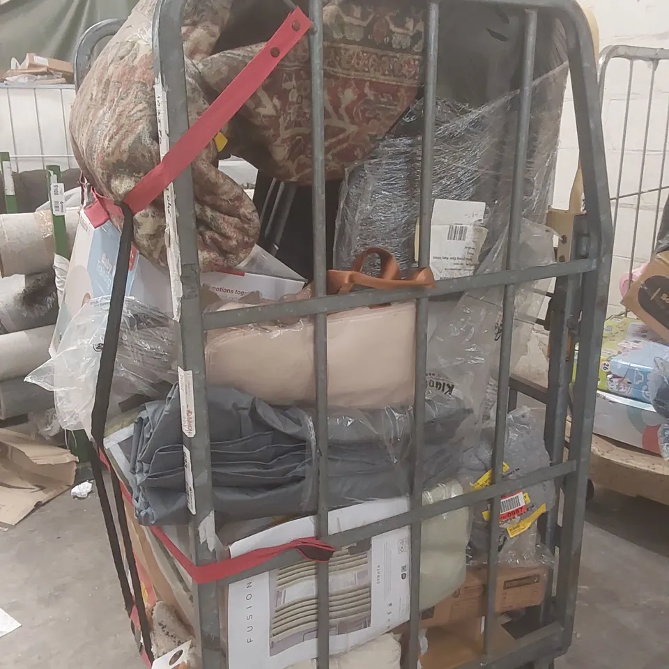CAGE CONTAINING A LARGE QUANTITY OF ASSORTED ITEMS INCLUDING: KIDOOLA BABY WHALE TRAINING POTTY, LARGE RUG, CUSHIONS, CURTAINS, DINING CHAIR ECT // CAGE NOT INCLUDED