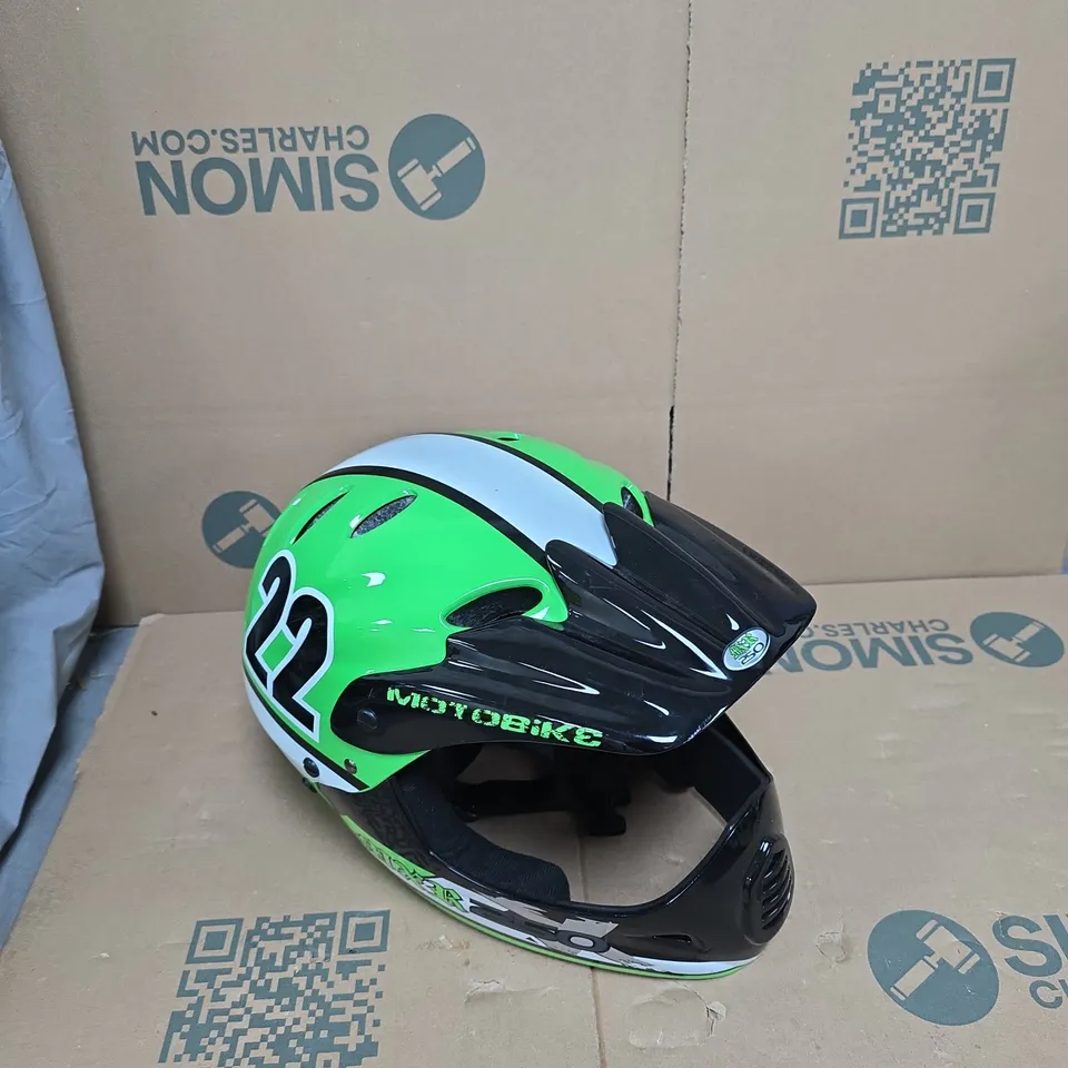 FULL-FACE MOTORCYCLE HELMET IN NEON GREEN AND BLACK WITH NUMBER 22