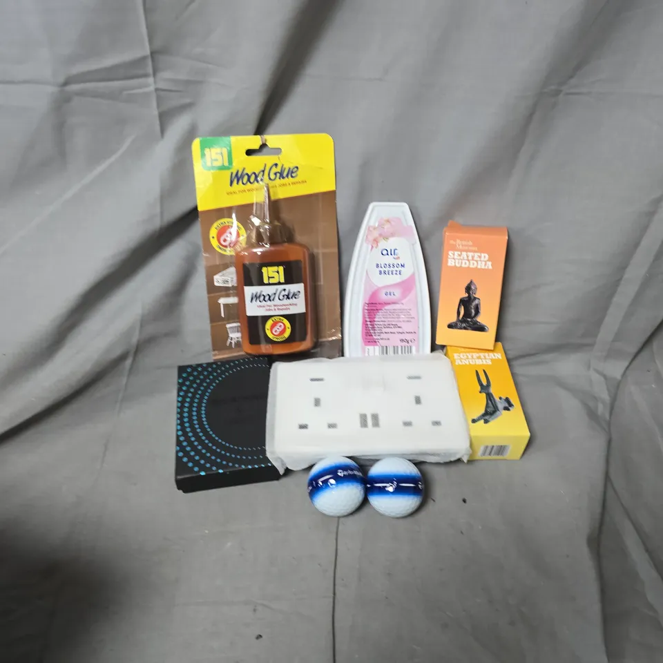 APPROXIMATELY 20 ASSORTED HOUSEHOLD ITEMS TO INCLUDE BRITISH MUSEUM SEATED BUDDHA, WOOD GLUE, WALL PLUG, ETC