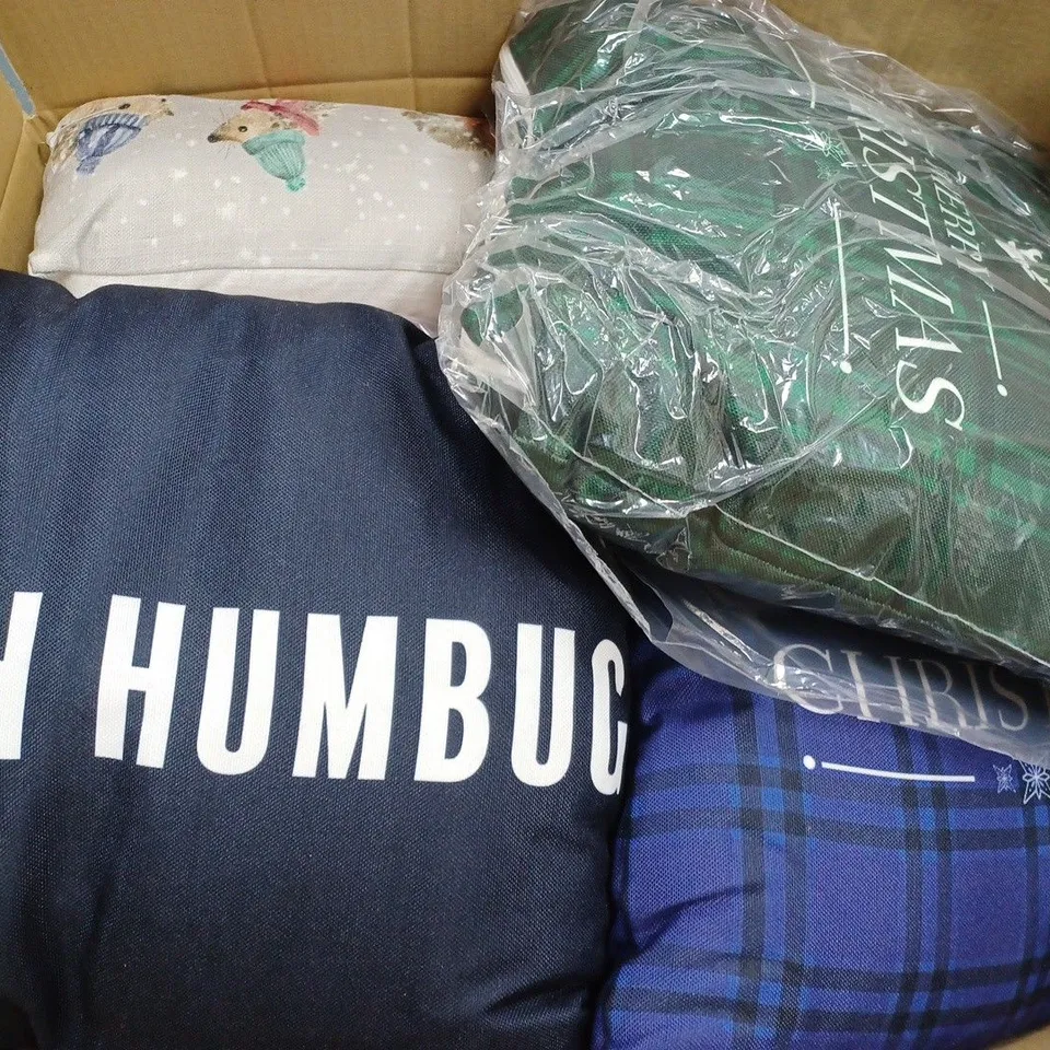 BOX OF APPROX. 8 ASSORTED PILLOWS TO INCLUDE - MERRY CHRISTMAS PILLOW -BAH HUMBUG PILLOW - PORKIPINE DRAUGHT EXCLUDER ECT