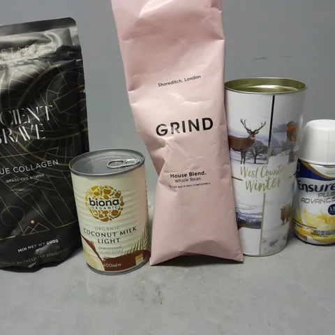 TOTE OF APPROXIMATELY 25 ASSORTED FOOD ITEMS TO INCLUDE -GRIND HOUSE BLEND , COCONUT MILK , ANCOENT + BRAVE TRUE COLLAGEN ETC