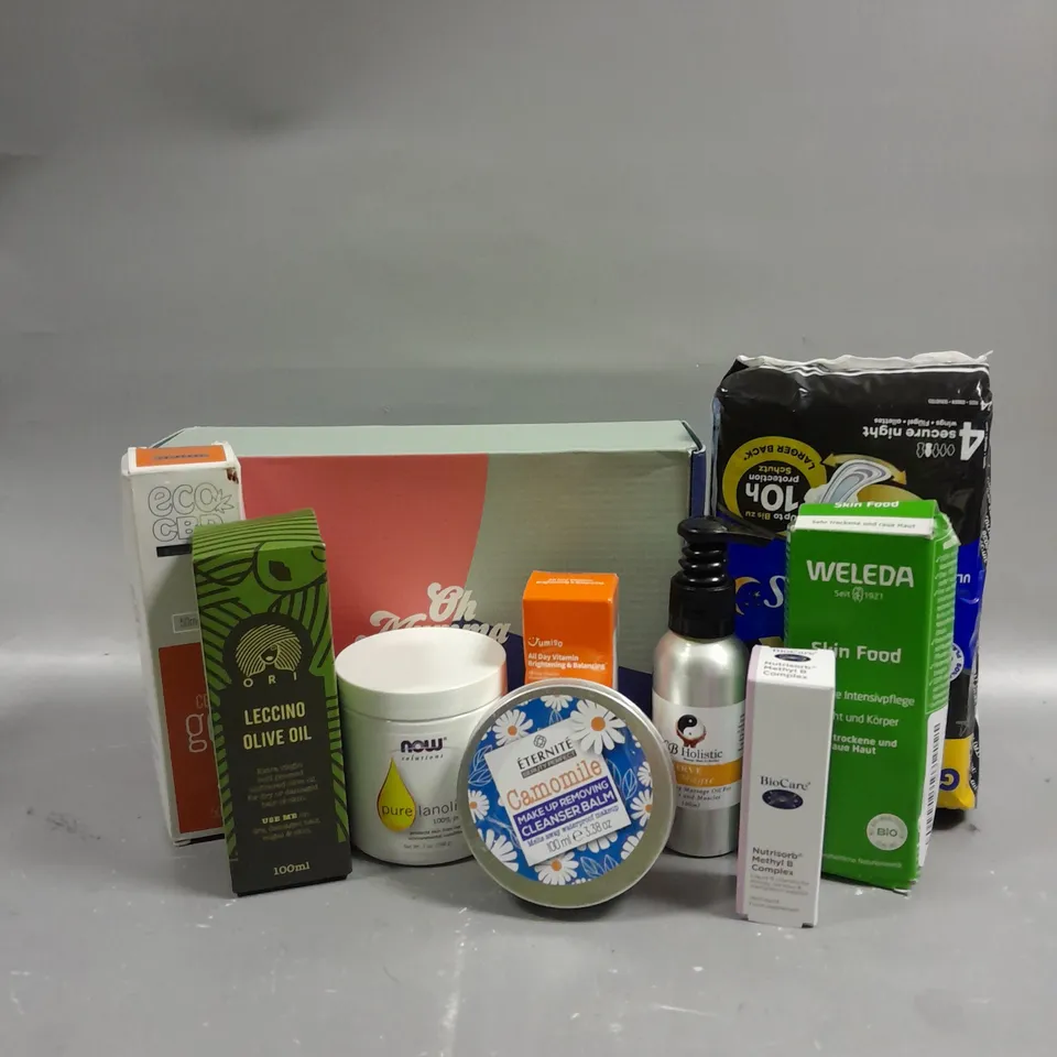 BOX OF 10 ASSORTED HEALTH AND BEAUTY PRODUCTS TO INCLUDE BIOCARE NUTRISORB METHYL B COMPLEX FOOD SUPPLEMENT (15ML), OH MUMMA CARE KIT, ORI LECCINO HAIR & SKIN OLIVE OIL (100ML), ETC. 