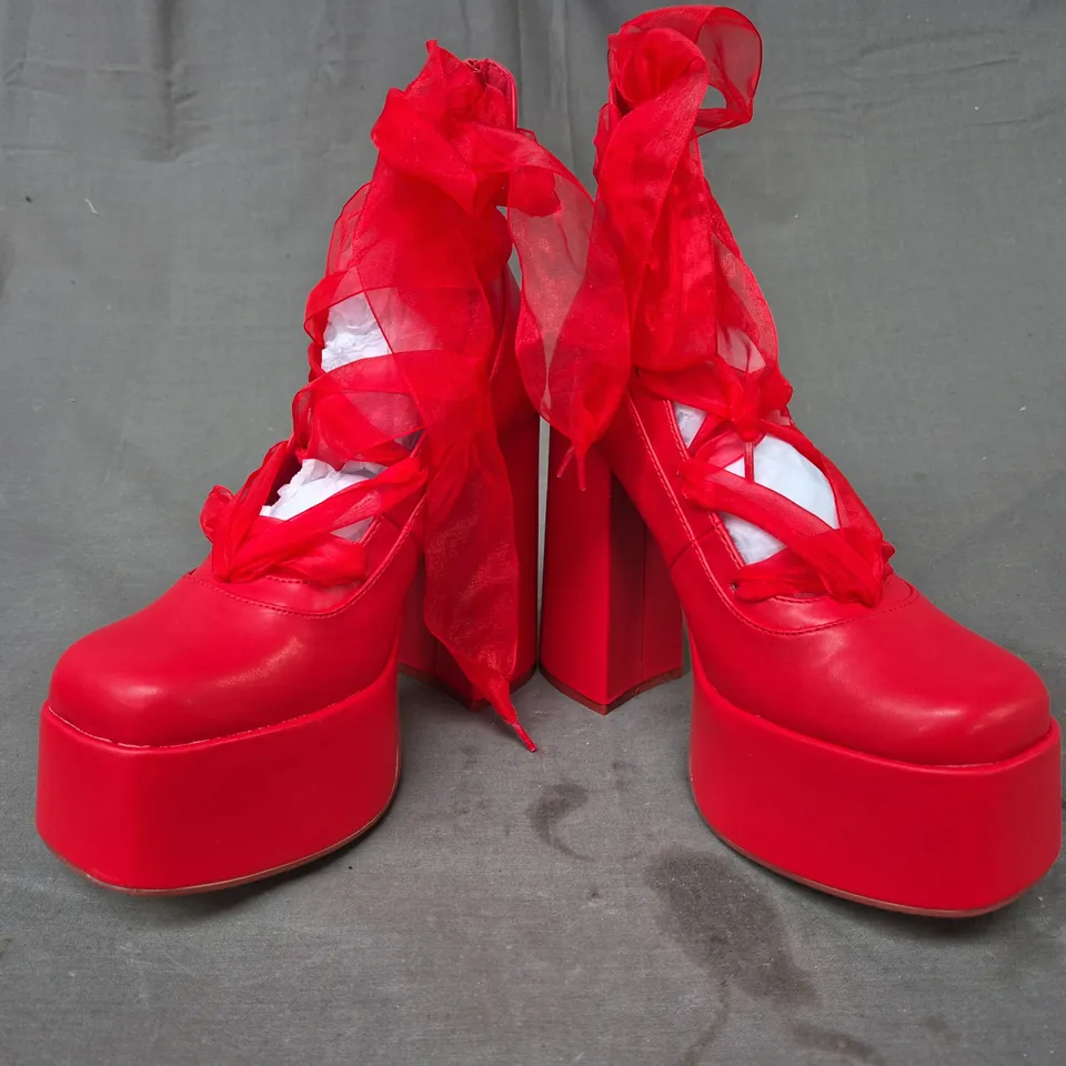 BOXED PAIR OF KOI PLAYBOY INFIDELITY RED LACE UP PLATFORM BLOCK HEELS UK SIZE 4