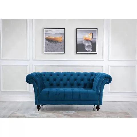 BOXED BENNER 172cm VELVET SCROLL ARM BENNERFIELD LOVESEAT SOFA - MIDNIGHT BLUE (1 BOX)