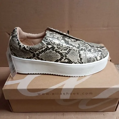 BOXED PAIR OF ELLA SNAKE PRINT SLIP-ON TRAINERS – UK 8 