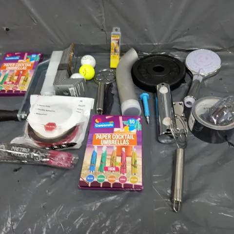 BOX OF ASSORTED HOUSEHOLD ITEMS TO INCLUDE SHOWER HEAD, GOLF BALLS AND COCKTAIL UMBRELLAS