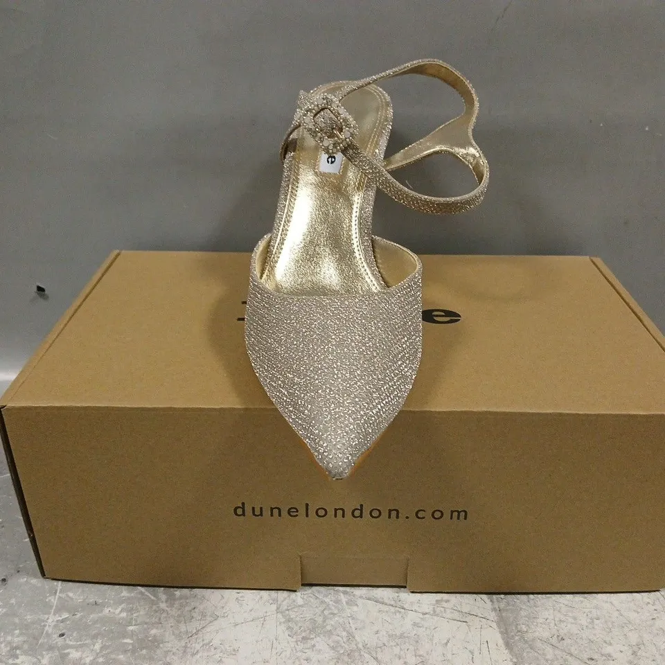 BOXED PAIR OF DUNE LONDON 398 CHANNEL POINTED TOE HIGH HEELS IN GOLD GLITTER SIZE EU 38