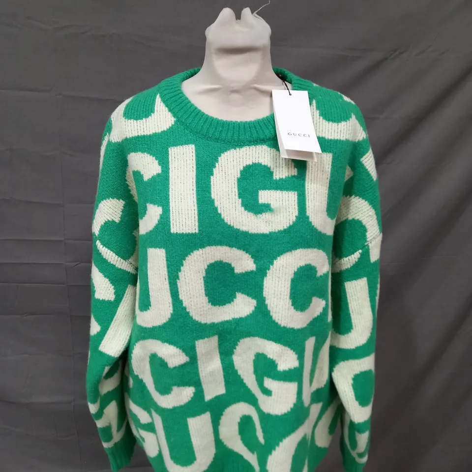 GUCCI KNITTED HEAVY WEIGHTED JUMPER IN GREEN & CREAM - 2XL