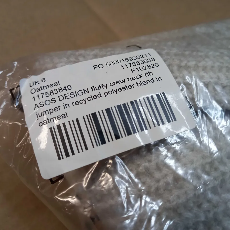PACKAGED ASOS OATMEAL FLUFFY CEW NECK RIB JUMPER - SIZE 6