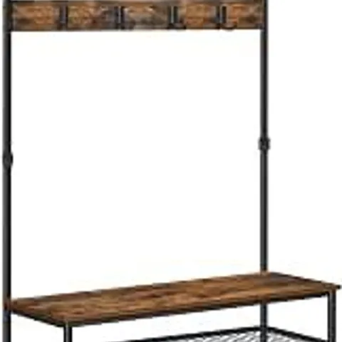 BOXED VASAGLE COAT RACK STAND, LARGE HALL TREE WITH BENCH AND SHOE STORAGE, 9 HOOKS, SHOE RACK, HANGING RAIL, 41.5×100×182 CM, RUSTIC BROWN AND BLACK