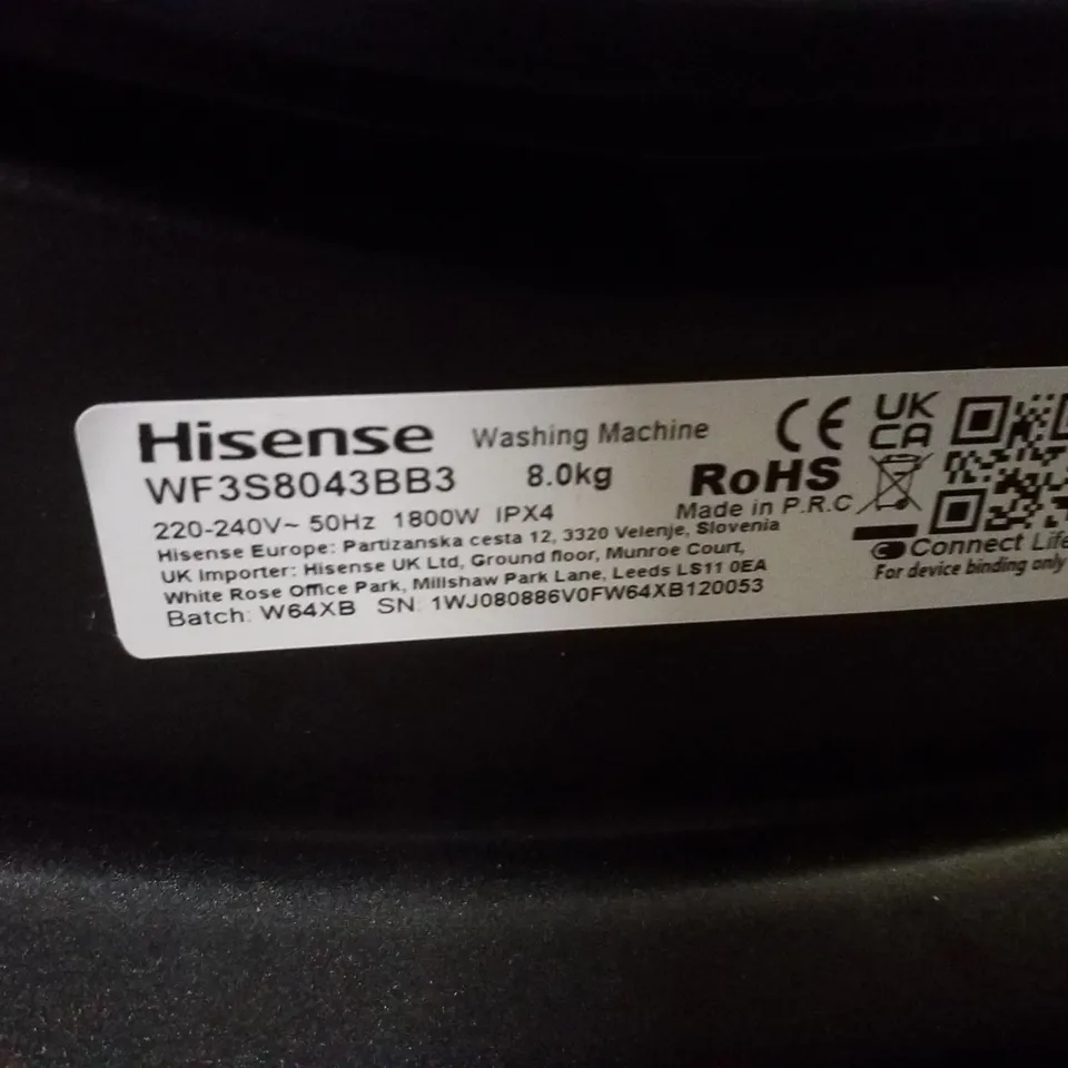HISENSE WF3S8043BB3 WASHING MACHINE, 8KG, 1400 SPIN, BLACK, A RATED