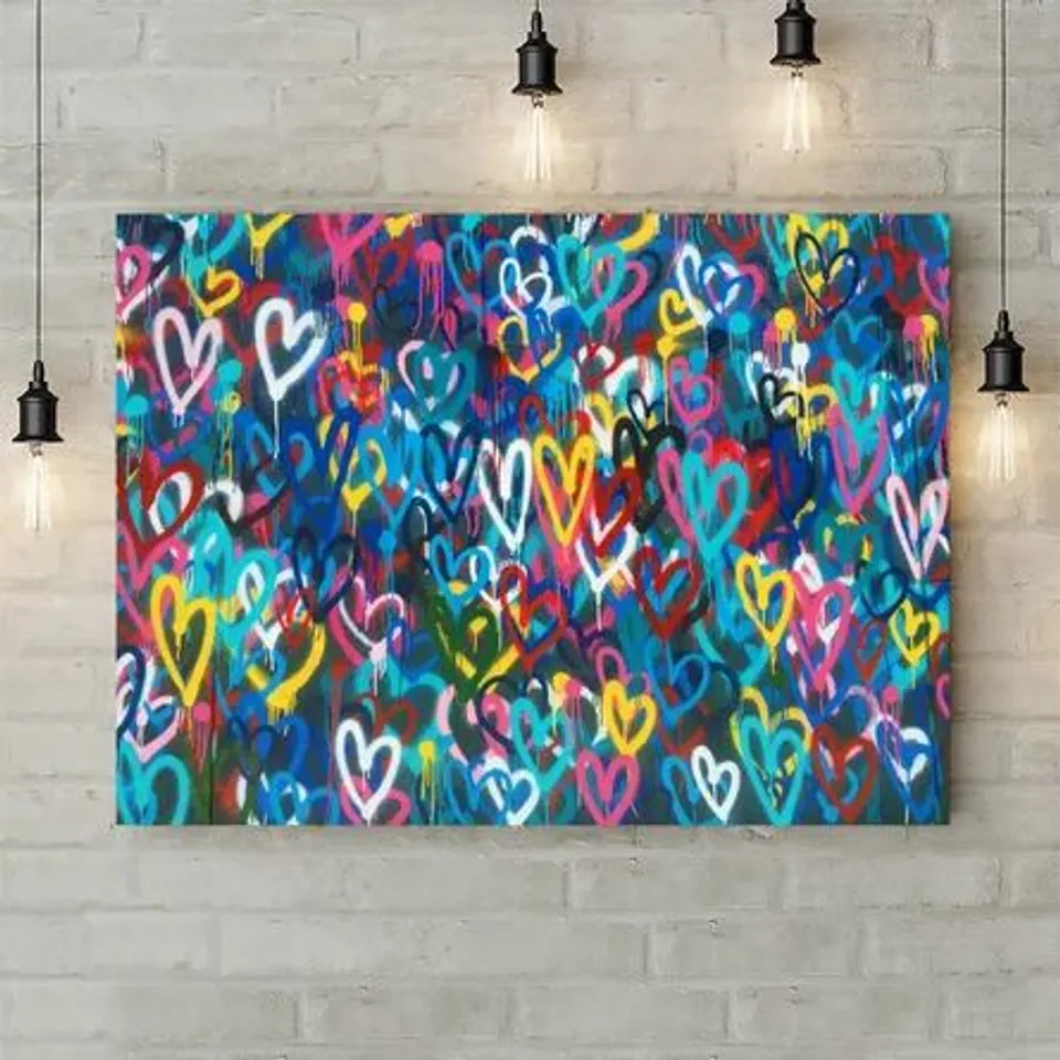 LOVE HEARTS GRAFFITI CANVAS WALL ART FRAMED 