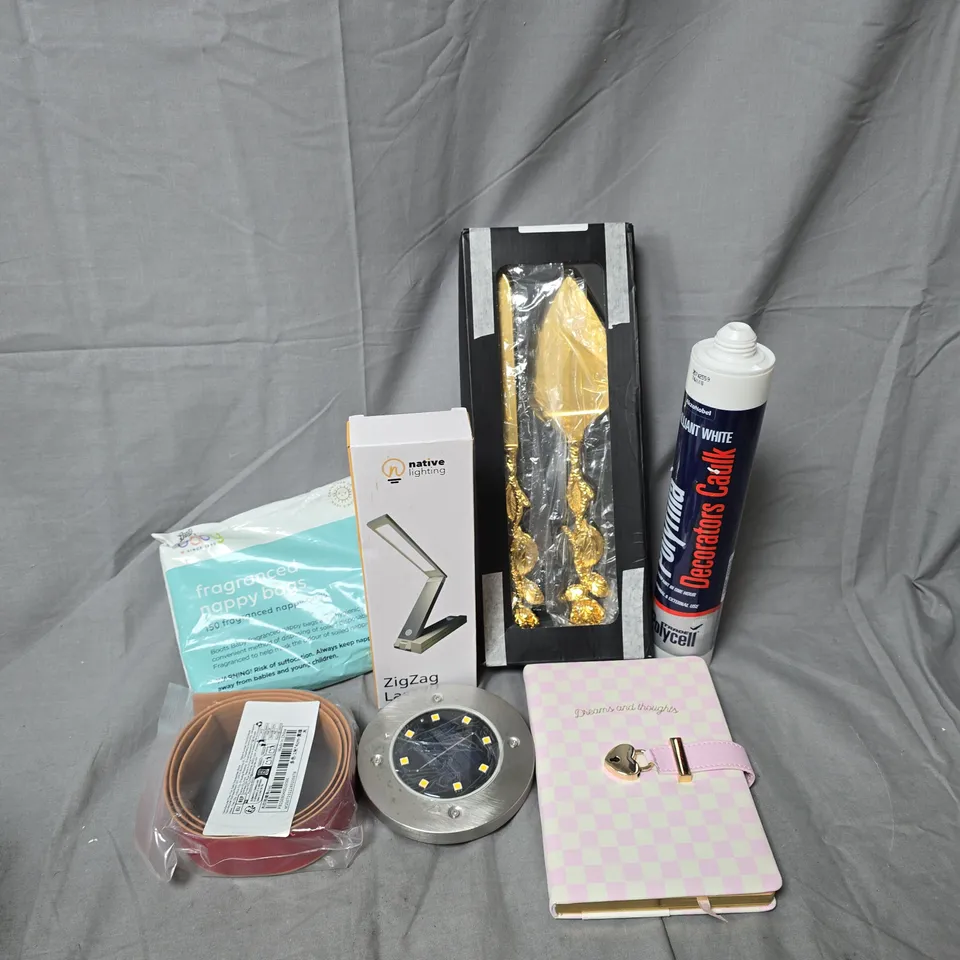 APPROXIMATELY 10 ASSORTED HOUSEHOLD ITEMS TO INCLUDE ZIGZAG LAMP, POLYFILLA DECORATORS CHALK, JOURNAL, ETC