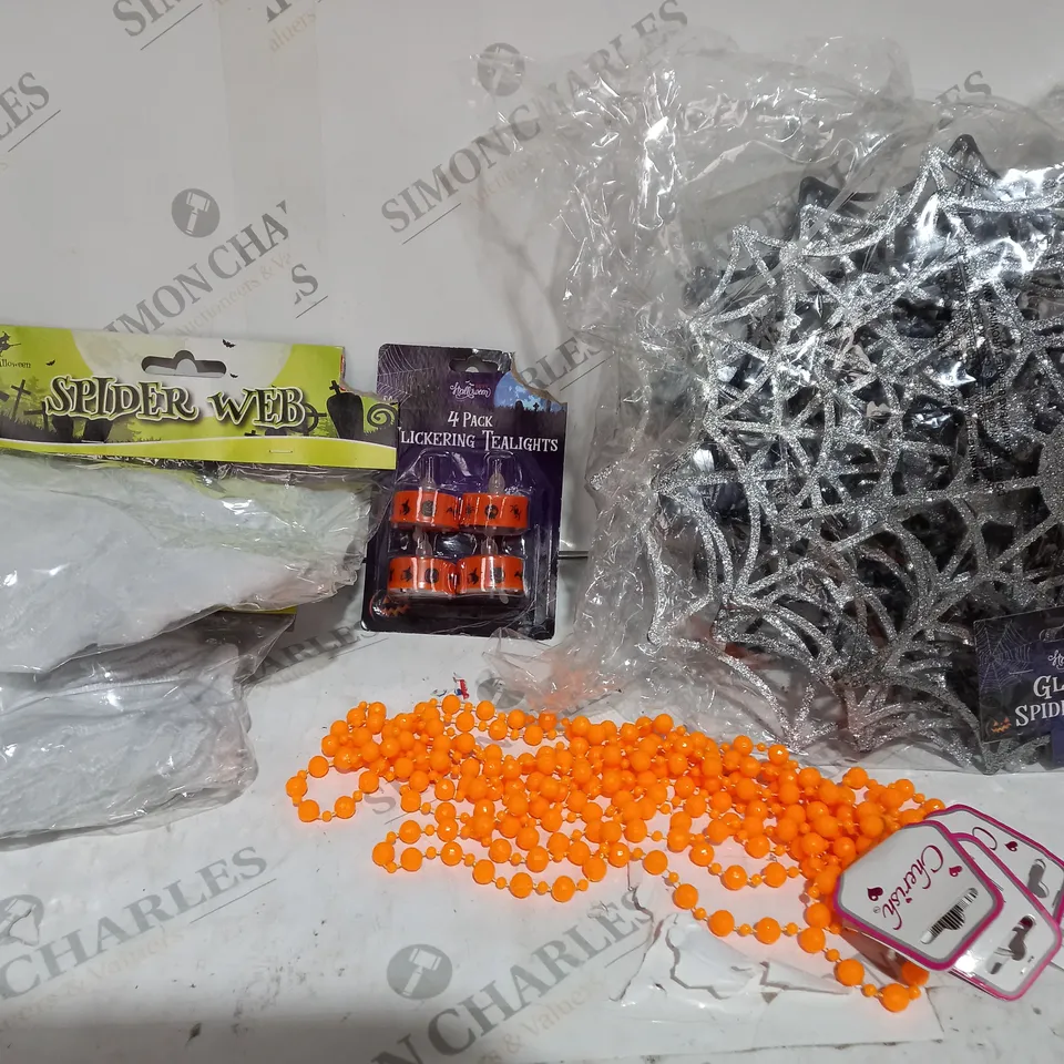 BOX OF ASSORTED ITEMS TO INCLUDE SPIDER WEB, BEADS, DECORATIONS ETC