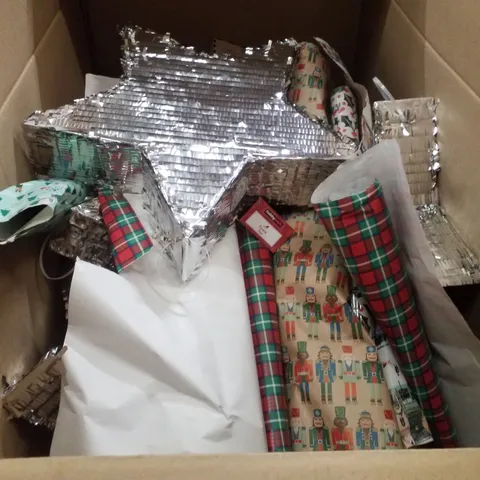 PALLET CONTAINING ASSORTED CHRISTMAS PRODUCTS & DECORATIONS INCLUDING PINATA STAR, WRAPPING PAPER & BOTTLE BRUSH LED TREES