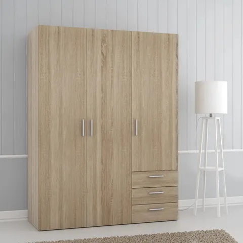BOXED 3 DOOR WARDROBE WITH CLOTHES RAIL SONOMA OAK, 139CM W × 185CM H × 54CM D (2 BOXES)