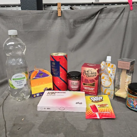 APPROXIMATELY 12 ASSORTED FOOD & DRINK ITEMS TO INCLUDE AIR UP PODS, SAVOURY BISCUITS, FLAVOURED WATER, ETC - COLLECTION ONLY