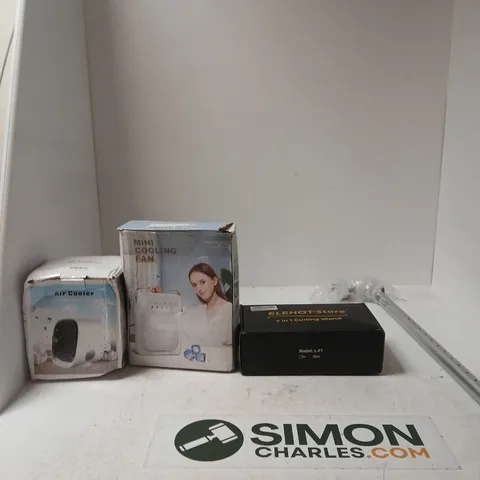 BOX OF APPROXIMATELY 10 ASSORTED ITEMS INCLUDING AN AIR COOLER, A MINI COOLING FAN AND ELEHOT-STORE 3-IN-1 CURLING WAND