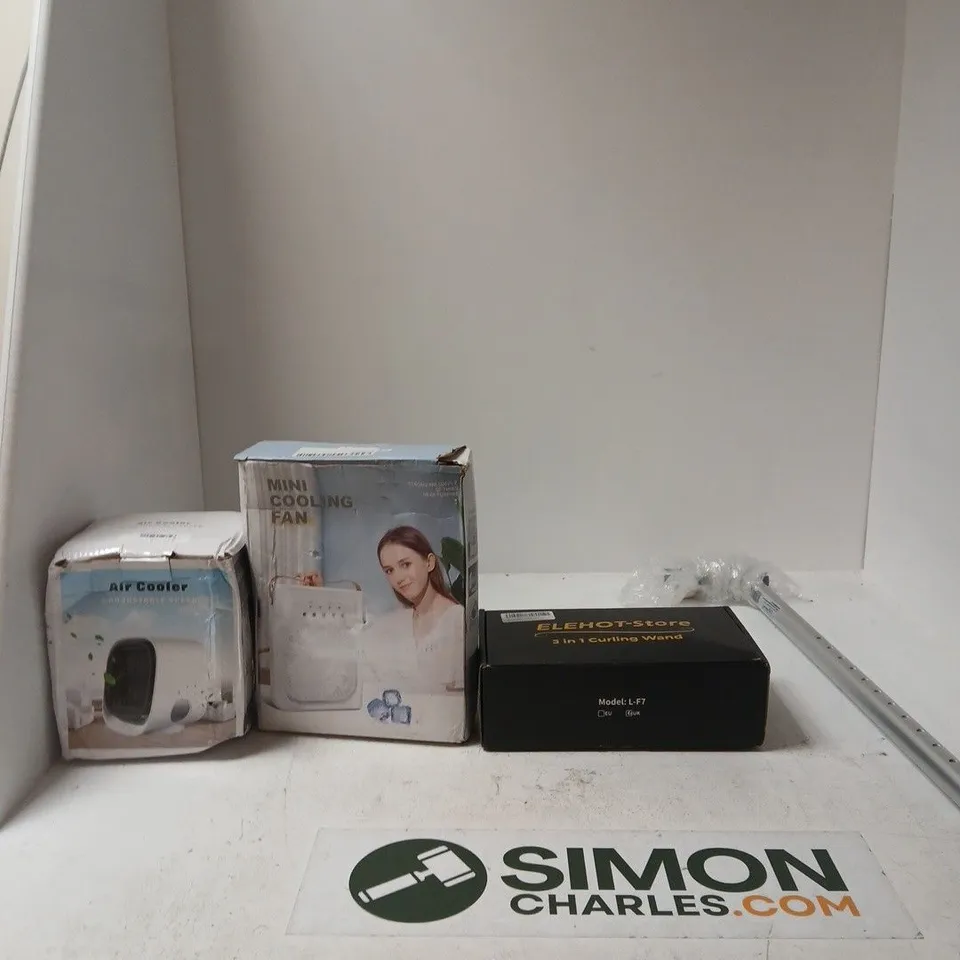 BOX OF APPROXIMATELY 10 ASSORTED ITEMS INCLUDING AN AIR COOLER, A MINI COOLING FAN AND ELEHOT-STORE 3-IN-1 CURLING WAND