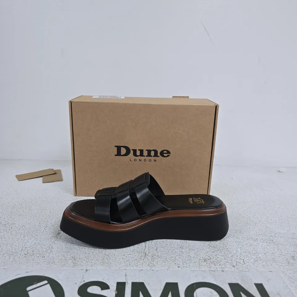 DUNE LONDON LANTO BLACK LEATHER FLATFORM SANDALS – UK 6 (EU 39)