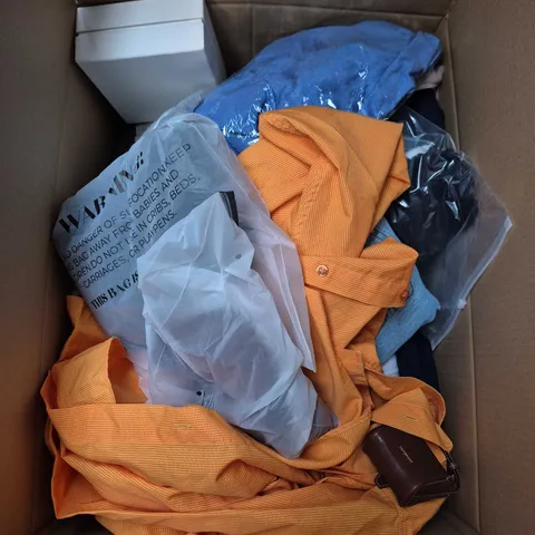 LARGE BOX OF APPROXIMATELY 25 ASSORTED CLOTHING ITEMS IN VARIOUS COLOURS, STYLES AND SIZES - COLLECTION ONLY