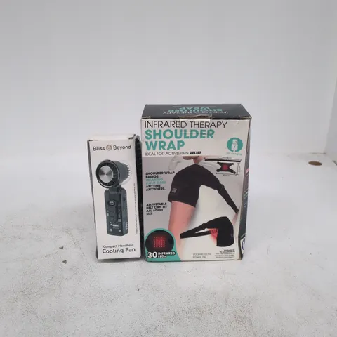 BOX OF APPROXIMATELY 18 ASSORTED ITEMS TO INCLUDE INFRARED THERAPY SHOULDER WRAP, COMPACT HANDHELD FAN ETC