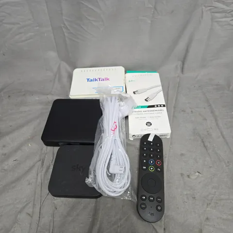 APPROXIMATELY 15 ASSORTED HOUSEHOLD ITEMS TO INCLUDE ANTENNA CABLE, ROUTER HUBS, REMOTE CONTROLS, POWER CABLE ETC