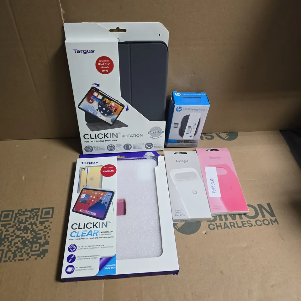 APPROXIMATELY 12 ASSORTED ITEMS TO INCLUDE TARGUS CLICKIN IPAD PRO CASE, GOOGLE PIXEL 9 PHONE CASE, HP 150 WIRELESS MOUSE, ETC