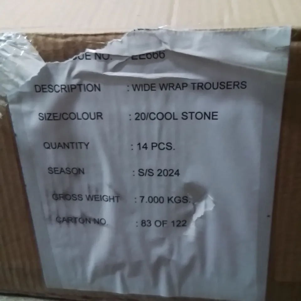 BOXED BRAND NEW APPROXIMATELY 14 JD WILLIAMS WIDE WRAP TROUSERS COOL STONE SIZE 20