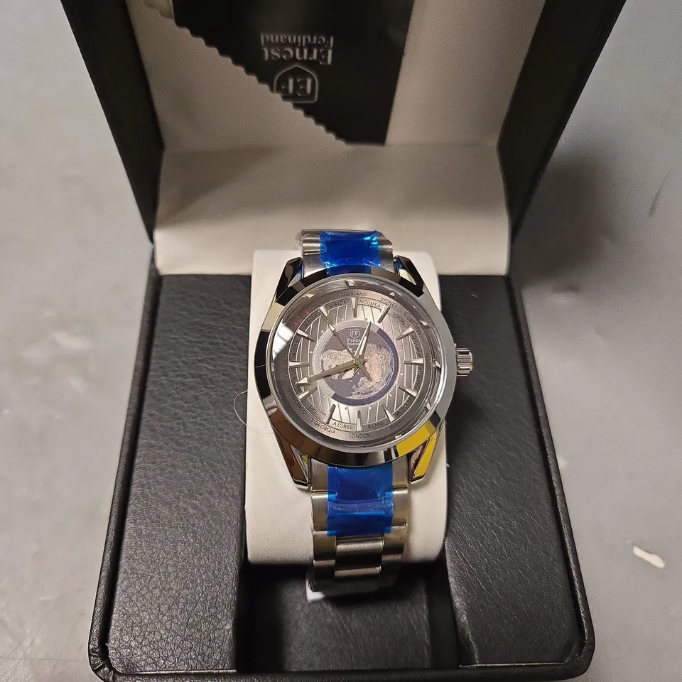 BOXED ERNEST FERDINAND MENS SILVER DIAL BRACELET STRAP WATCH
