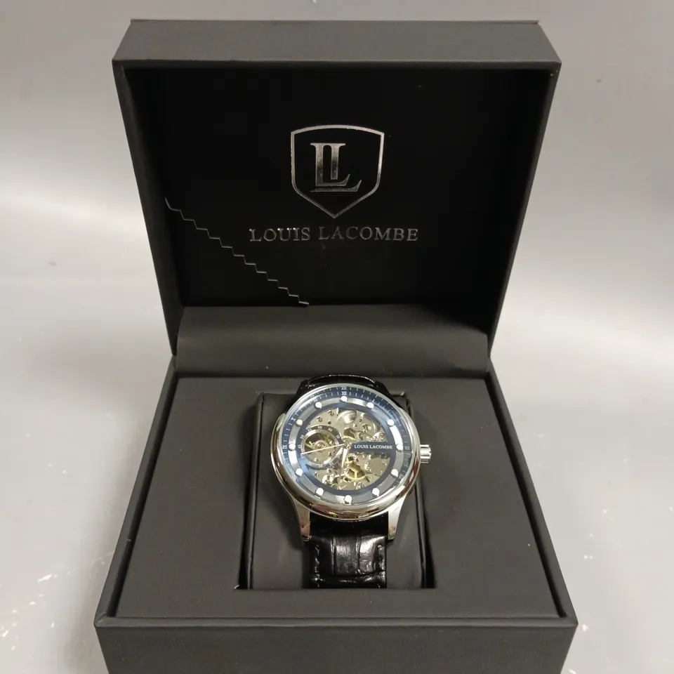 MENS LOUIS LACOMBE AUTOMATIC WATCH – SKELETON DIAL – GLASS EXHIBITION BACK CASE – LEATHER STRAP