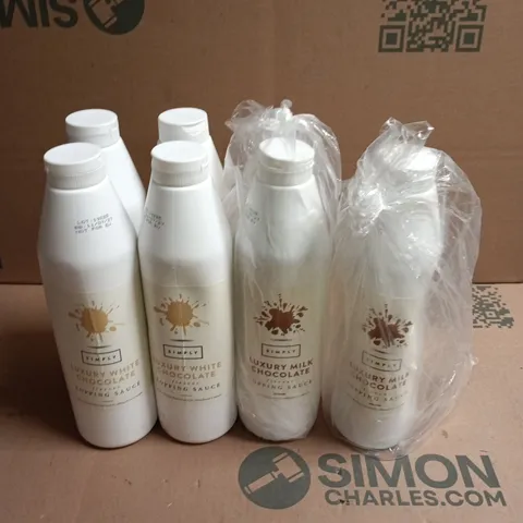 LOT OF SIX BOTTLES OF SIMPLY LUXURY MILK AND WHITE CHOCOLATE TOPPING SAUCES 1KG PER BOTTLE 