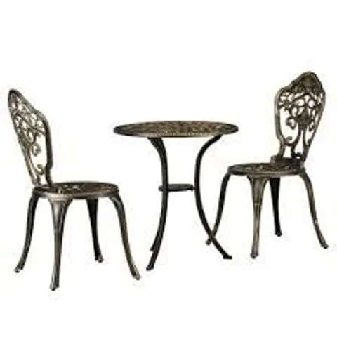 BOXED OUTSUNNY 3 PIECE CAST ALUMINIUM GARDEN BISTRO SET FOR 3 WITH PARASOL HOLE, OUTDOOR COFFEE TABLE SET, TWO ARMLESS CHAIRS AND ROUND COFFEE TABLE FOR BALCONY, PATIO, BRONZE